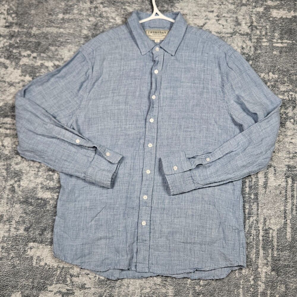 Thursday Boot Company Linen Button Up Shirt Mens L Blue Athletic Fit Minimalist